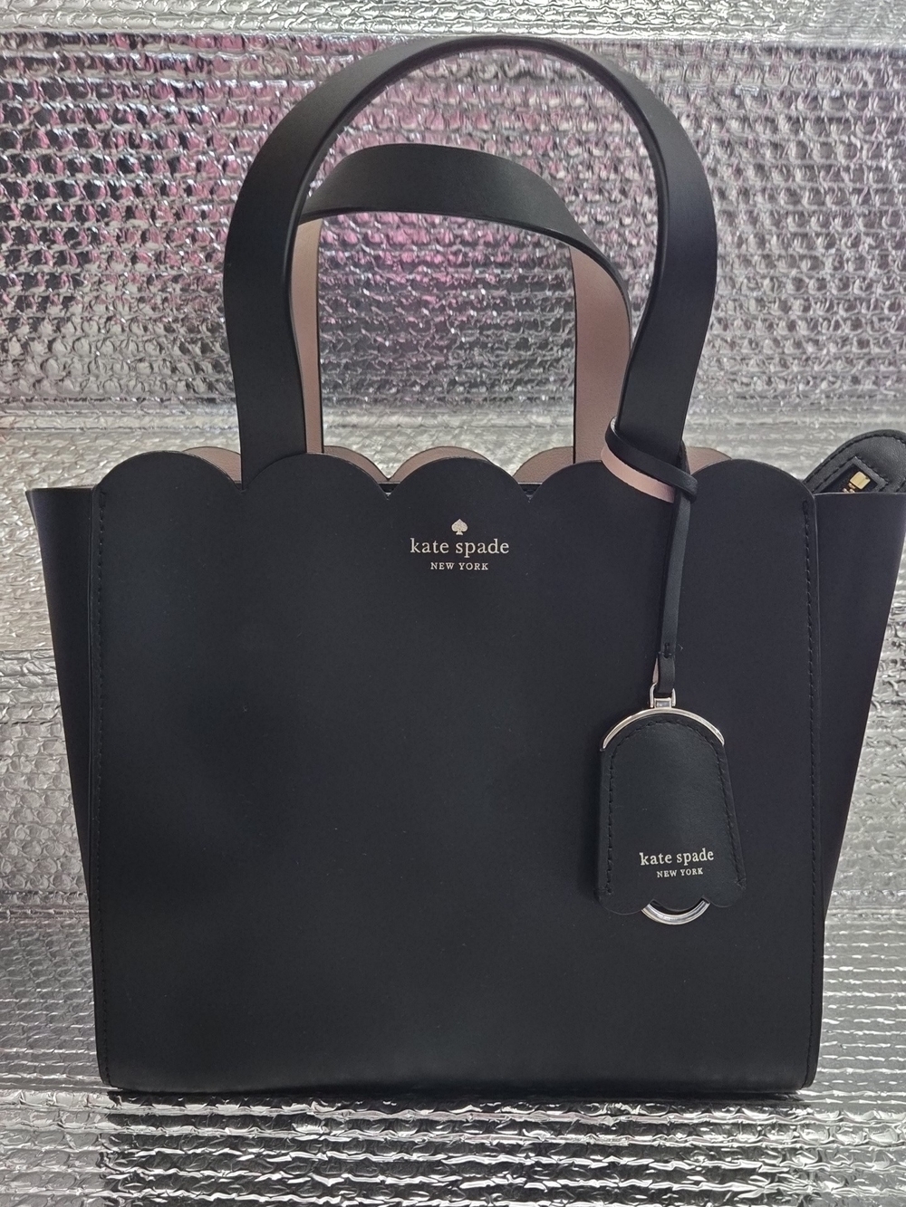 kate spade Black Tote with Scalloped Top and Pink Trim
